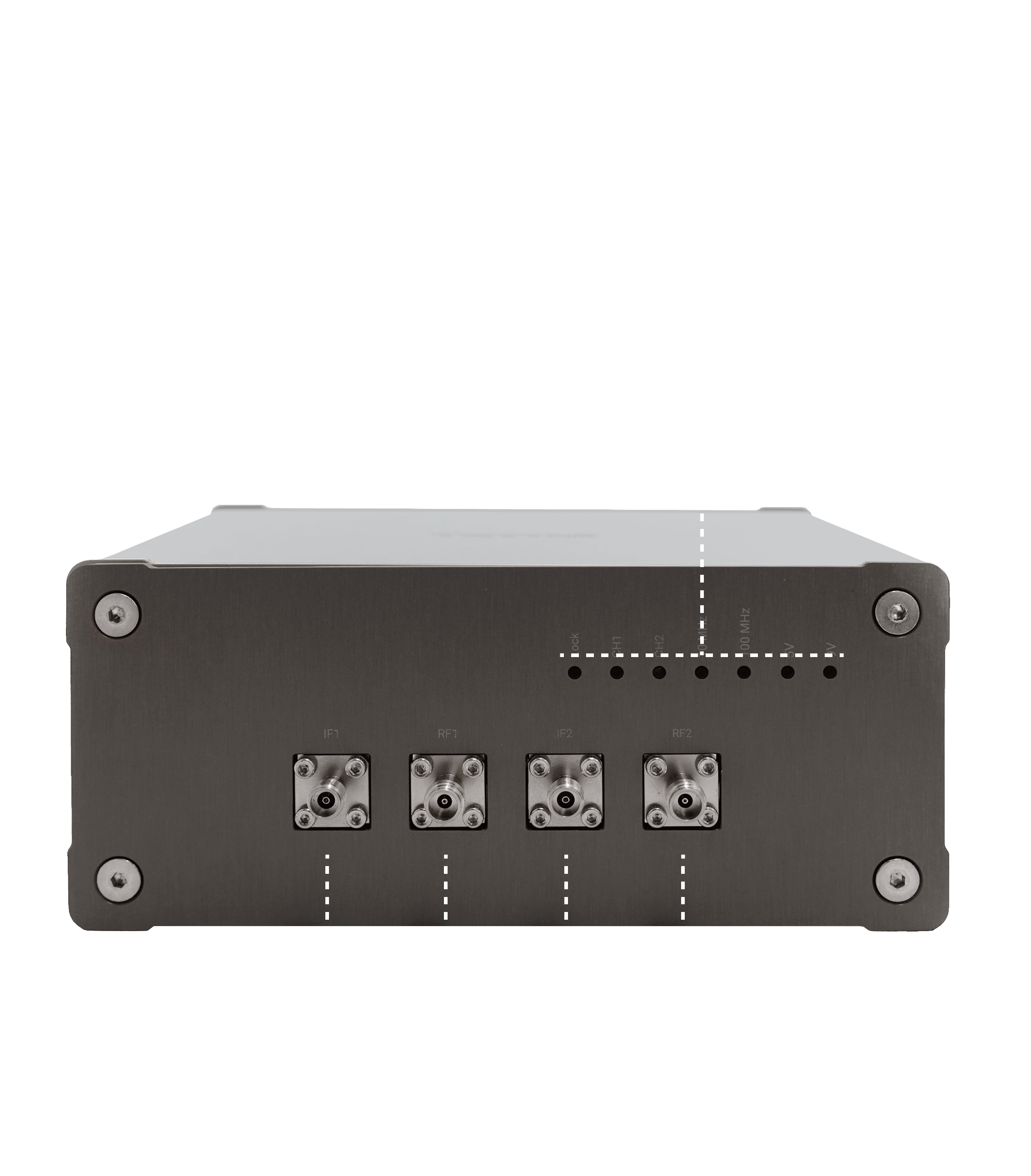Front of UD Box with dual channels. IF1, RF1, IF2, RF2. One the front panel, there are 7 LED lights that indicate the status of UD Box, eg., the channel being used, 10/ 100 MHz Sync, etc.